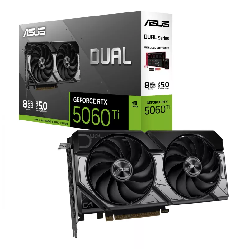 Grafikas karte ASUS GeForce RTX 5060 Ti Dual — 8 GB GDDR7, 128 bitu, PCIe 5.0, aktīvā dzesēšana (2 ventilatori), maks. 7680×4320