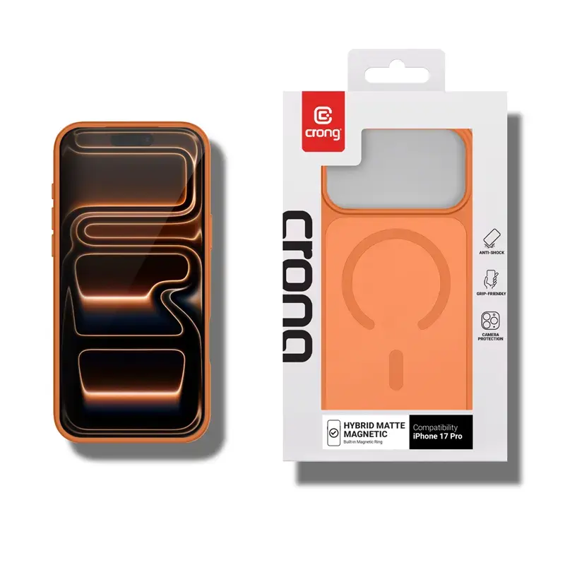 Crong Hybrid Matte Magnetic MagSafe maciņš iPhone 17 Pro — PC+TPU, caurspīdīgi oranžs