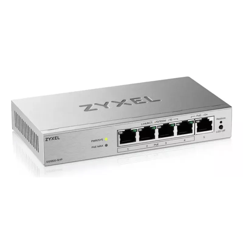 Pārvaldāms L2 Gigabit PoE galda slēdzis Zyxel GS1200-5HPV3 — 5x Gigabit (10/100/1000), PoE, DC-in, 10 Gbps komutācijas jauda