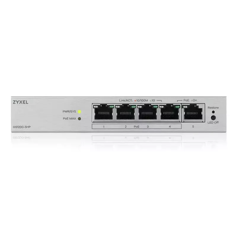 Pārvaldāms L2 Gigabit PoE galda slēdzis Zyxel GS1200-5HPV3 — 5x Gigabit (10/100/1000), PoE, DC-in, 10 Gbps komutācijas jauda
