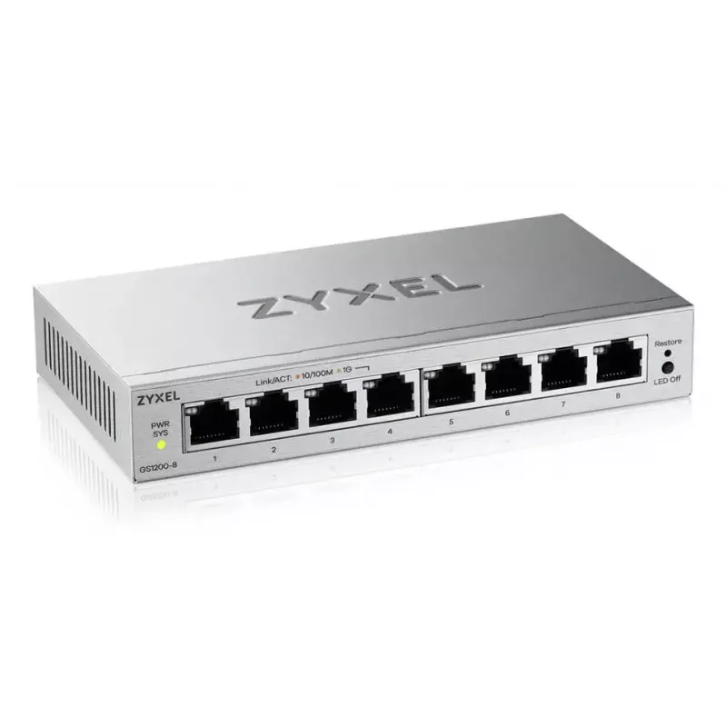 Pārvaldāms L2 Gigabit Ethernet tīkla komutators Zyxel GS1200-8V3 — 8x RJ-45 10/100/1000, 16 Gbit/s, MAC 4000, galda, pelēks