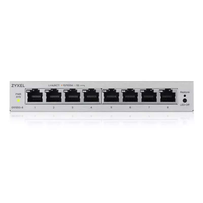 Pārvaldāms L2 Gigabit Ethernet tīkla komutators Zyxel GS1200-8V3 — 8x RJ-45 10/100/1000, 16 Gbit/s, MAC 4000, galda, pelēks