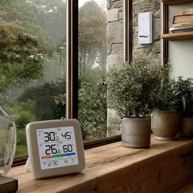 Bezvadu laika stacija GreenBlue GB169 — iekštelpu/ārtelpu temperatūra un mitrums, pulkstenis, modinātājs, darbības rādiuss līdz 60 m, izvēlama °C/°F