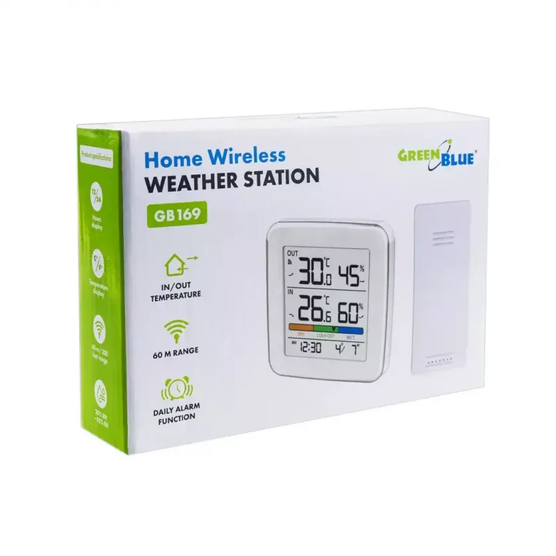 Bezvadu laika stacija GreenBlue GB169 — iekštelpu/ārtelpu temperatūra un mitrums, pulkstenis, modinātājs, darbības rādiuss līdz 60 m, izvēlama °C/°F