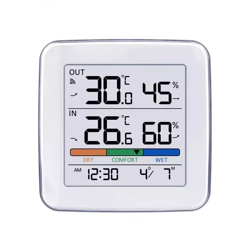 Bezvadu laika stacija GreenBlue GB169 — iekštelpu/ārtelpu temperatūra un mitrums, pulkstenis, modinātājs, darbības rādiuss līdz 60 m, izvēlama °C/°F