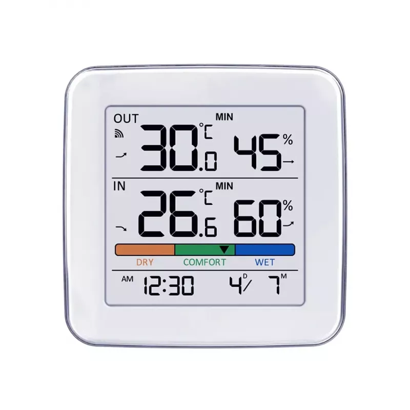 Bezvadu laika stacija GreenBlue GB169 — iekštelpu/ārtelpu temperatūra un mitrums, pulkstenis, modinātājs, darbības rādiuss līdz 60 m, izvēlama °C/°F