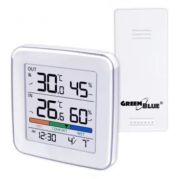 Bezvadu laika stacija GreenBlue GB169 — iekštelpu/ārtelpu temperatūra un mitrums, pulkstenis, modinātājs, darbības rādiuss līdz 60 m, izvēlama °C/°F