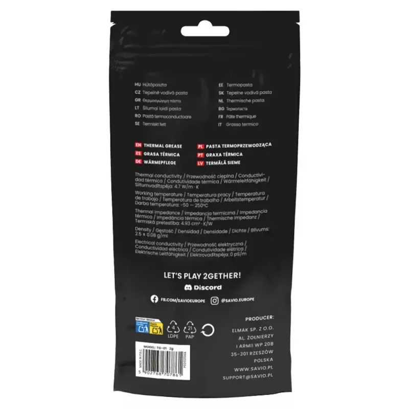 Termopasta SAVIO TG-01 2G — siltumvadītspēja 4,7 W/m·K, 2 ml, pelēka/melna