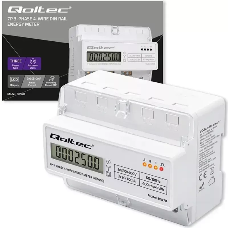Trīsfāzu DIN sliedes enerģijas skaitītājs QOLTEC 50978 — 400V, 100A