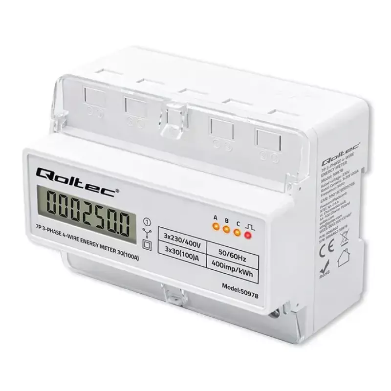 Trīsfāzu DIN sliedes enerģijas skaitītājs QOLTEC 50978 — 400V, 100A