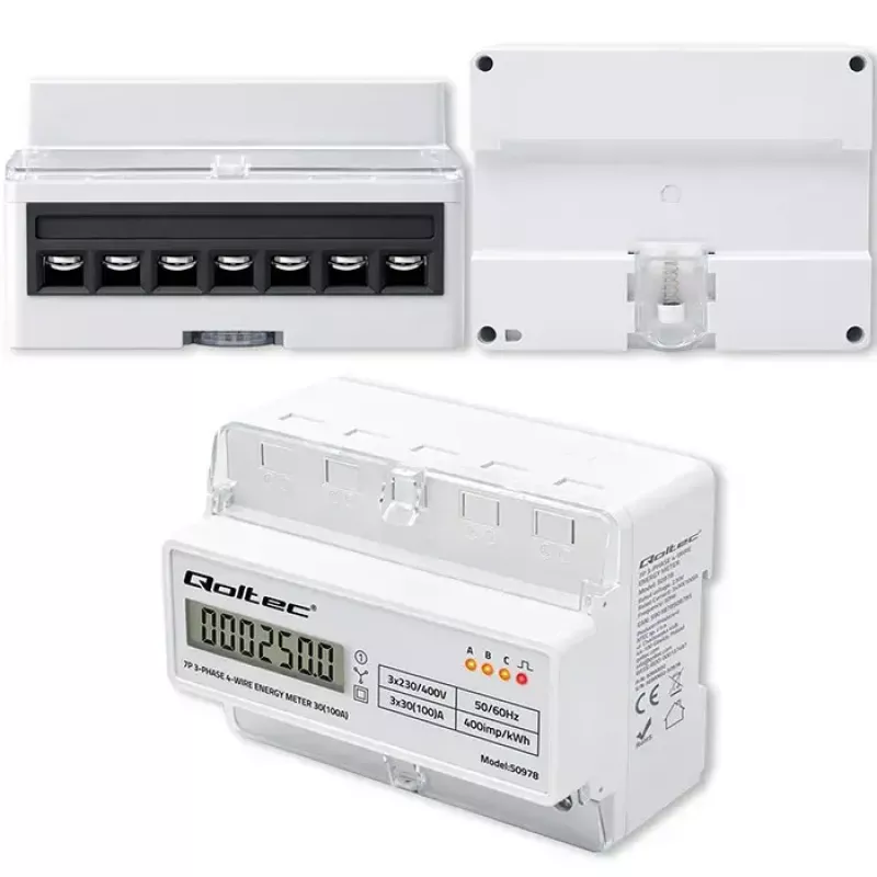 Trīsfāzu DIN sliedes enerģijas skaitītājs QOLTEC 50978 — 400V, 100A