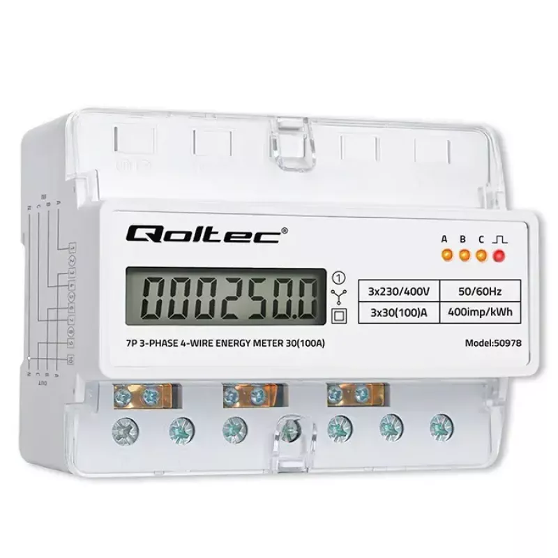 Trīsfāzu DIN sliedes enerģijas skaitītājs QOLTEC 50978 — 400V, 100A
