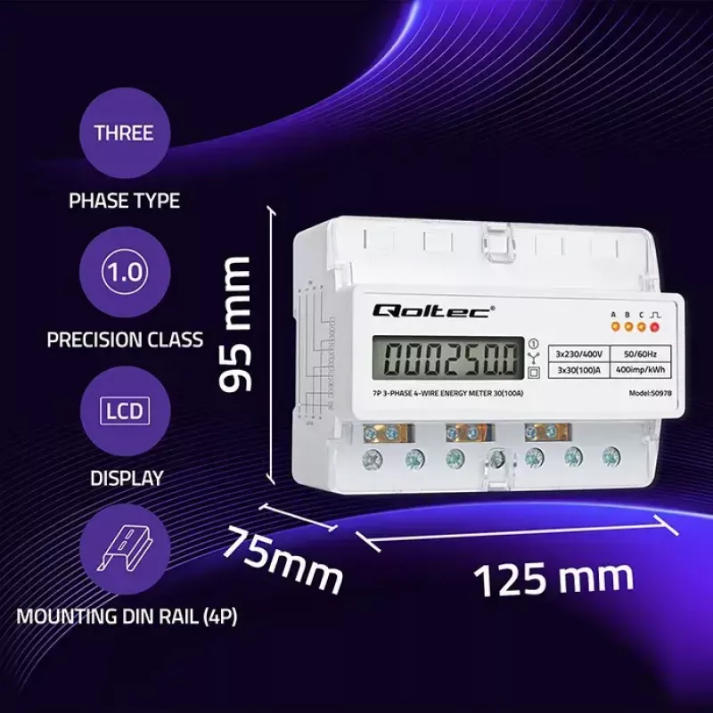 Trīsfāzu DIN sliedes enerģijas skaitītājs QOLTEC 50978 — 400V, 100A