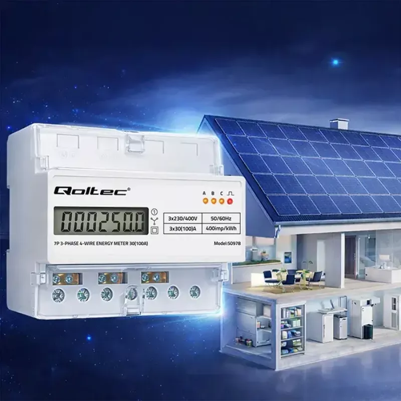 Trīsfāzu DIN sliedes enerģijas skaitītājs QOLTEC 50978 — 400V, 100A