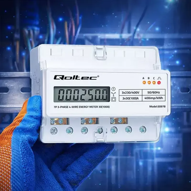 Trīsfāzu DIN sliedes enerģijas skaitītājs QOLTEC 50978 — 400V, 100A