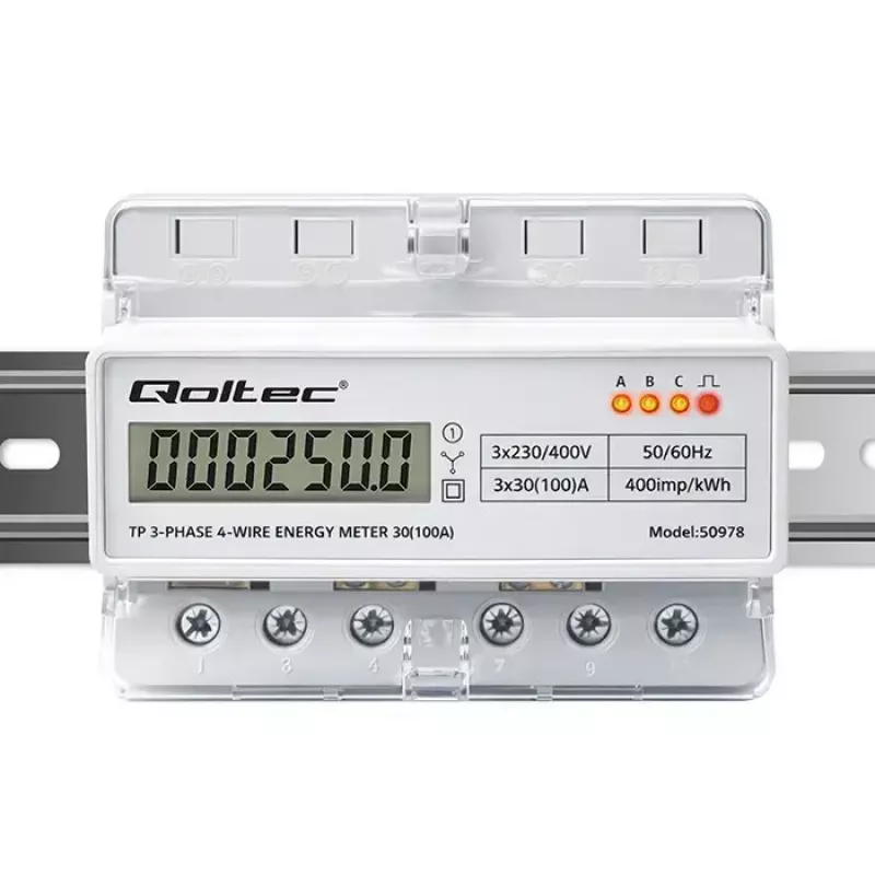 Trīsfāzu DIN sliedes enerģijas skaitītājs QOLTEC 50978 — 400V, 100A