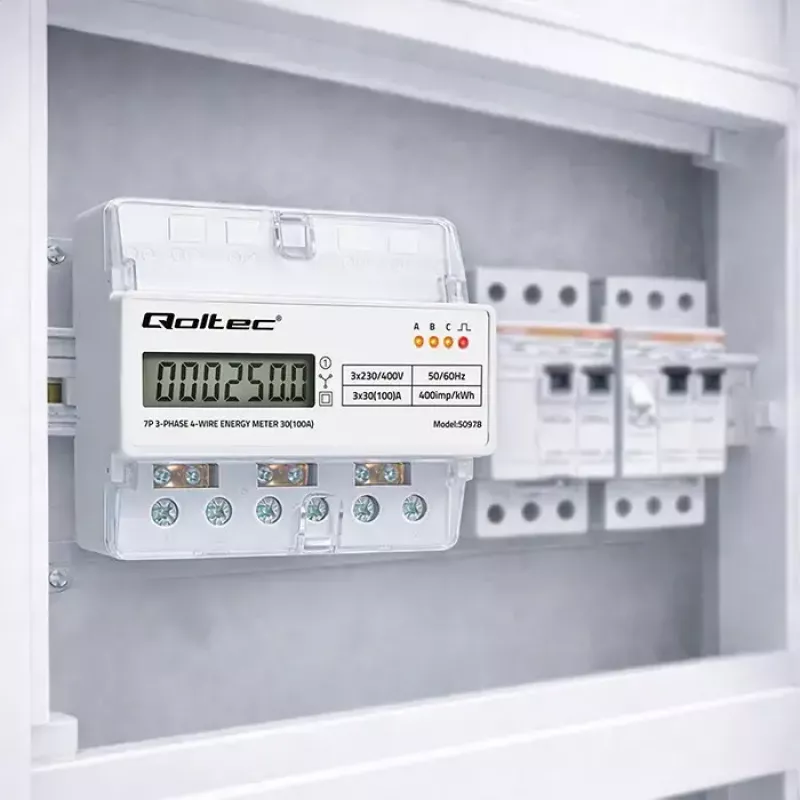Trīsfāzu DIN sliedes enerģijas skaitītājs QOLTEC 50978 — 400V, 100A