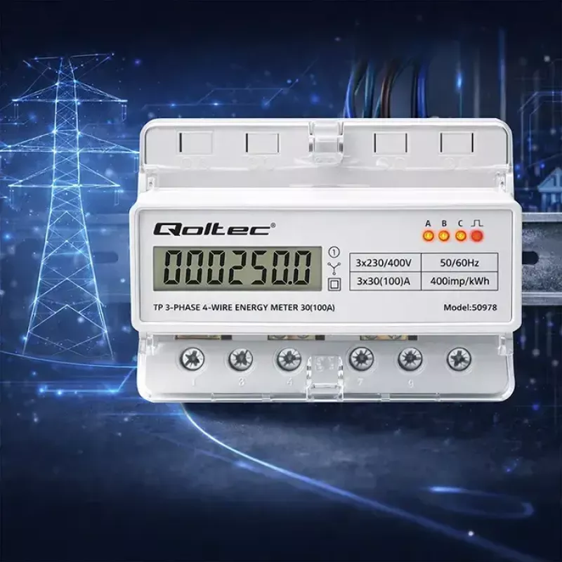 Trīsfāzu DIN sliedes enerģijas skaitītājs QOLTEC 50978 — 400V, 100A
