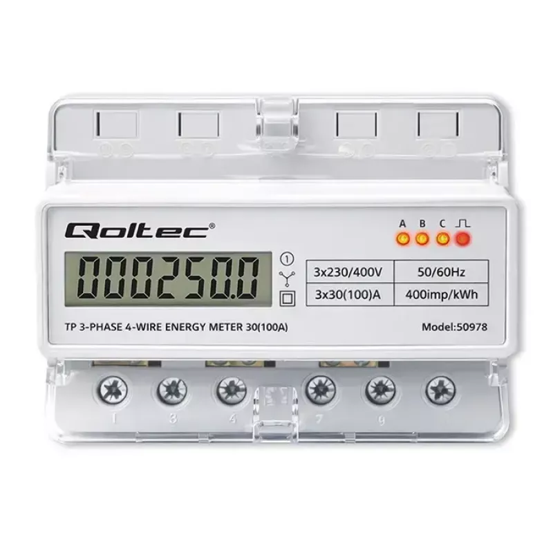 Trīsfāzu DIN sliedes enerģijas skaitītājs QOLTEC 50978 — 400V, 100A
