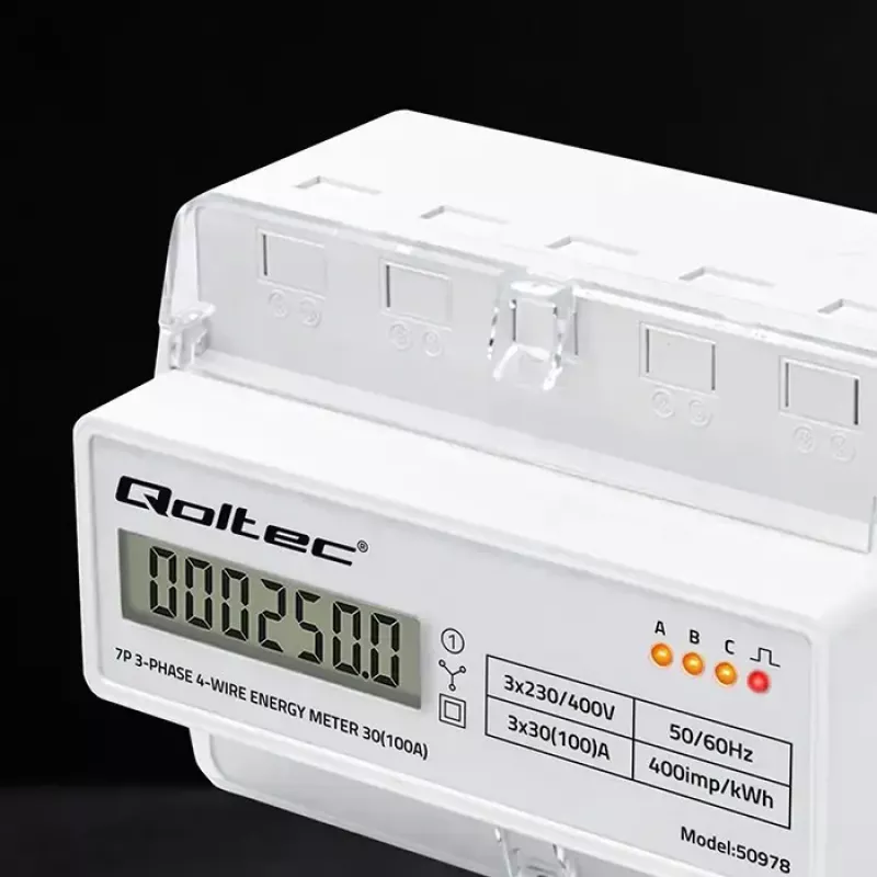 Trīsfāzu DIN sliedes enerģijas skaitītājs QOLTEC 50978 — 400V, 100A
