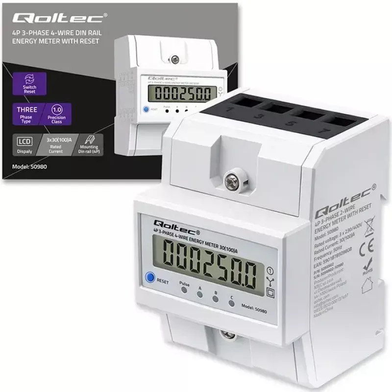 Trīsfāzu elektroenerģijas skaitītājs QOLTEC 50980 — 400 V, 100 A ar atiestatīšanu