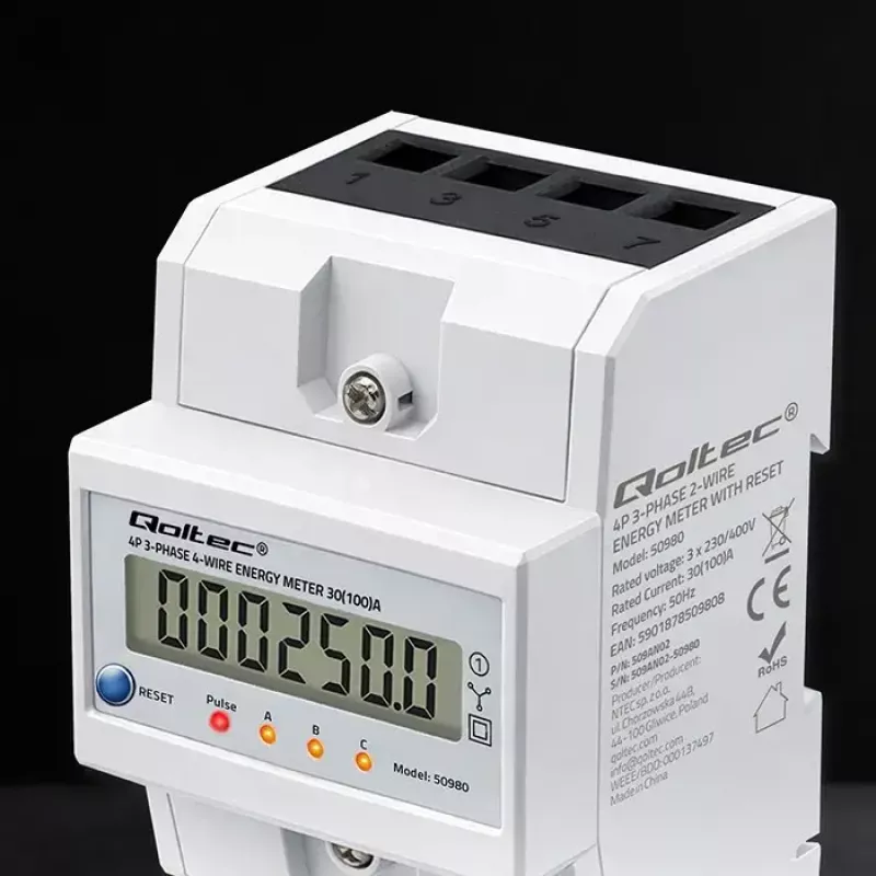 Trīsfāzu elektroenerģijas skaitītājs QOLTEC 50980 — 400 V, 100 A ar atiestatīšanu