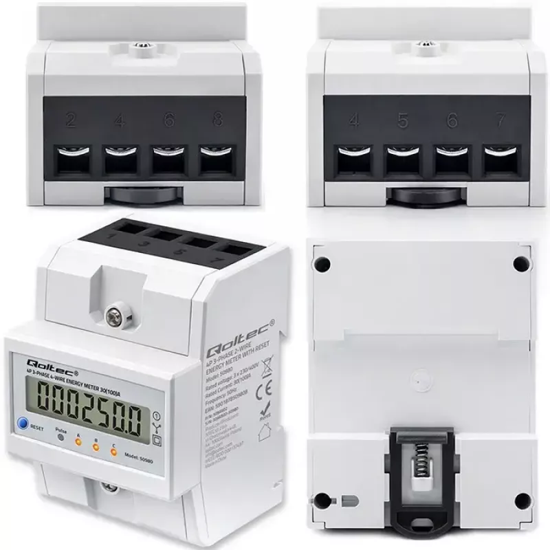 Trīsfāzu elektroenerģijas skaitītājs QOLTEC 50980 — 400 V, 100 A ar atiestatīšanu