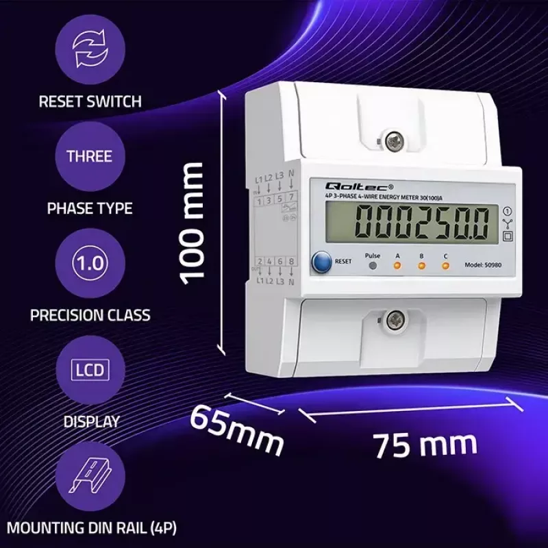 Trīsfāzu elektroenerģijas skaitītājs QOLTEC 50980 — 400 V, 100 A ar atiestatīšanu