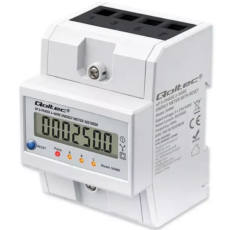 Trīsfāzu elektroenerģijas skaitītājs QOLTEC 50980 — 400 V, 100 A ar atiestatīšanu