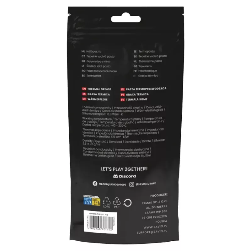 Termopasta SAVIO TG-05 1 g — siltumvadītspēja 18 W/m·K, pelēka, blīvums 2,6 g/cm³