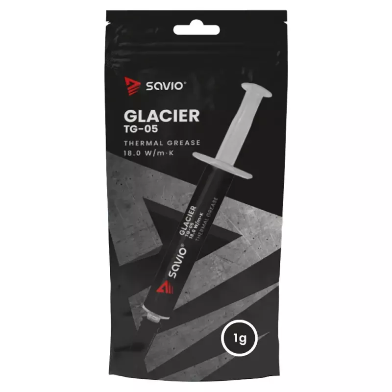 Termopasta SAVIO TG-05 1 g — siltumvadītspēja 18 W/m·K, pelēka, blīvums 2,6 g/cm³