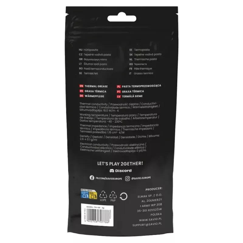 Termopasta SAVIO TG-05 2g — siltumvadītspēja 18 W/m·K, 2 ml