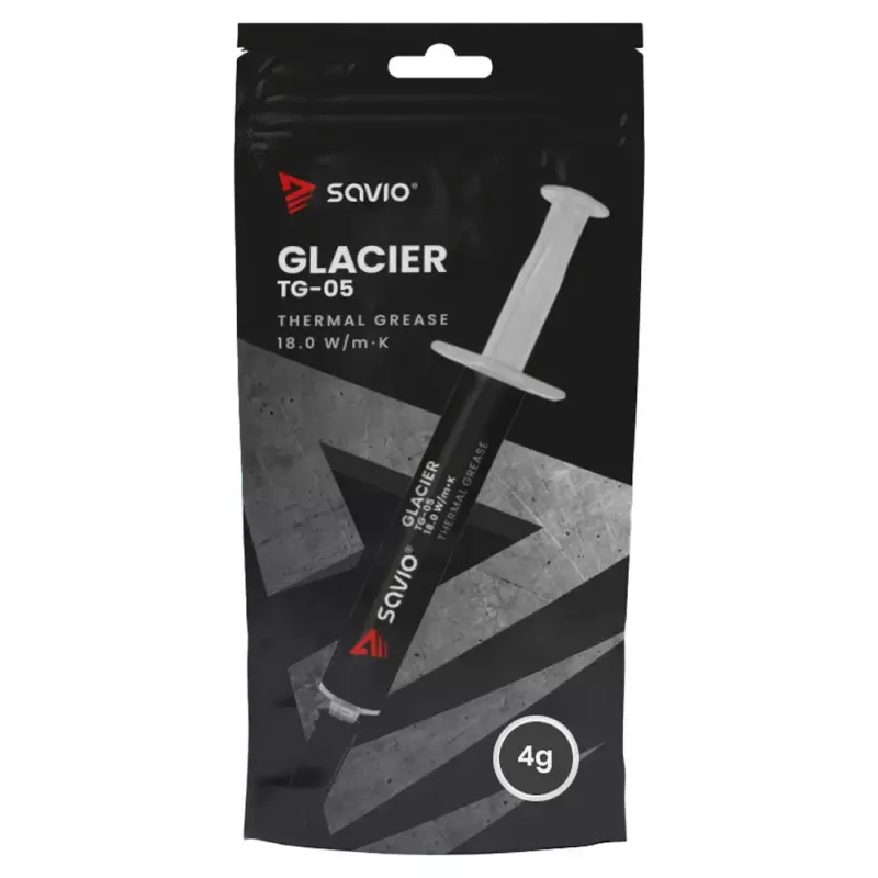 Termopasta SAVIO TG-05 4g — siltumvadītspēja 18 W/m·K, viskozitāte 2,6 g/ml