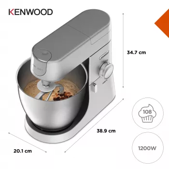 Stacionārais mikseris Kenwood Chef XL KVL4110S — 1200 W, 6,7 L nerūsējošā tērauda bļoda, planetārā rotācija, blenderis, sudraba