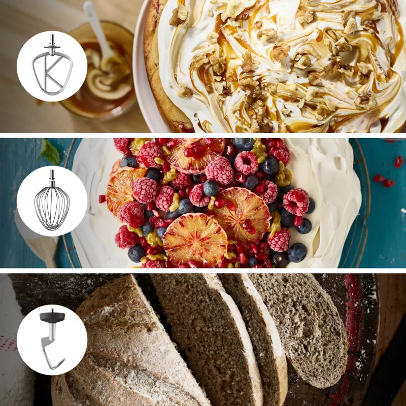 Stacionārais mikseris Kenwood Chef XL KVL4110S — 1200 W, 6,7 L nerūsējošā tērauda bļoda, planetārā rotācija, blenderis, sudraba