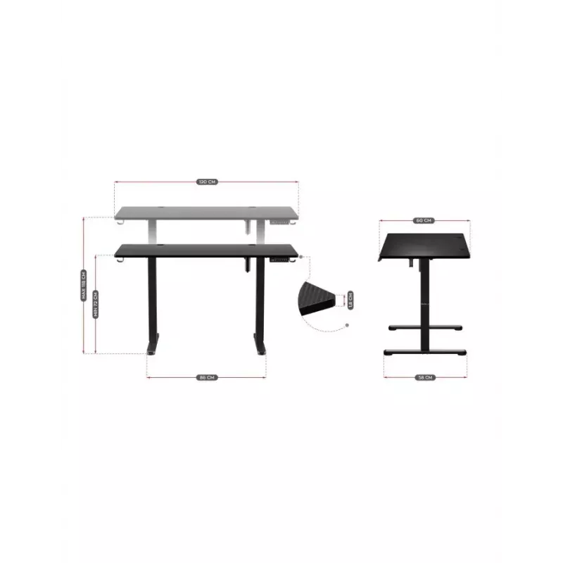 Taisns spēļu galds Huzaro Hero 8.2 melns MDF taisnstūrveida 1200x600 mm, regulējams augstums 720–1180 mm, 80 kg noslodze