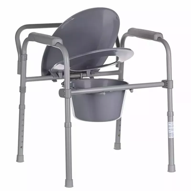Salokāms tualetes krēsls ANTAR ar roku balstiem, uzglabāšanas kasti, tērauda rāmi, regulējamu augstumu 35–50 cm, maks. slodze 120 kg, pelēks