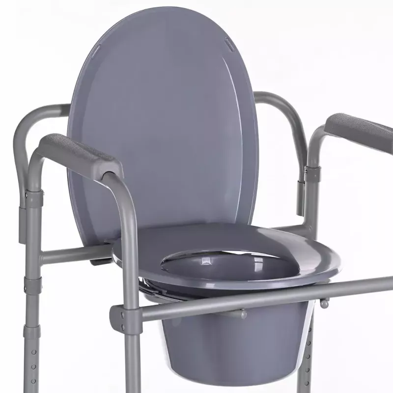 Salokāms tualetes krēsls ANTAR ar roku balstiem, uzglabāšanas kasti, tērauda rāmi, regulējamu augstumu 35–50 cm, maks. slodze 120 kg, pelēks