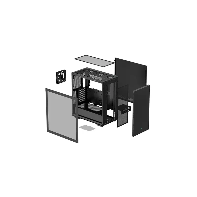 PC korpuss DeepCool CH510 Midi Tornis Melns — rūdīts stikls, microATX/ATX, atbalsta 360 mm priekšējos/augšējos radiatorus, maks. GPU 38 cm, barošanas bloks apakšā, 7 paplašināšanas sloti