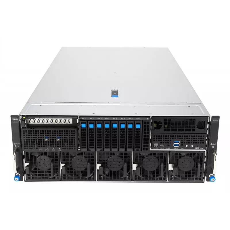 Rack serveris ASUS ESC8000A-E13 (4U) Sudraba krāsā — LGA 6096, AMD EPYC, DDR5, līdz 3 TB, 24 DIMM, 2× CPU, 3200 W barošanas bloks