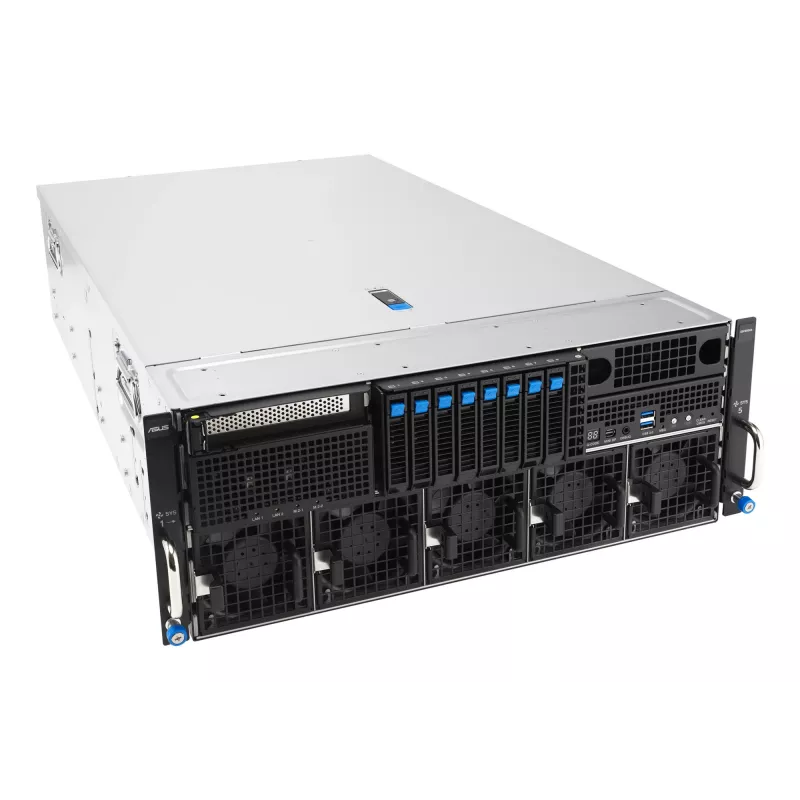 Rack serveris ASUS ESC8000A-E13 (4U) Sudraba krāsā — LGA 6096, AMD EPYC, DDR5, līdz 3 TB, 24 DIMM, 2× CPU, 3200 W barošanas bloks