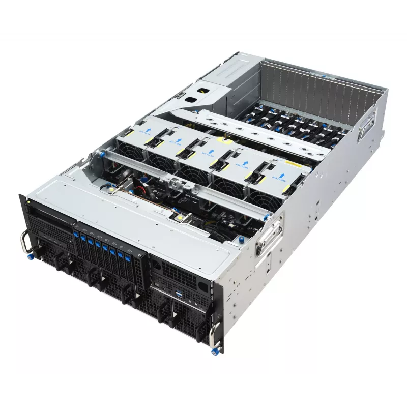 Rack serveris ASUS ESC8000A-E13 (4U) Sudraba krāsā — LGA 6096, AMD EPYC, DDR5, līdz 3 TB, 24 DIMM, 2× CPU, 3200 W barošanas bloks