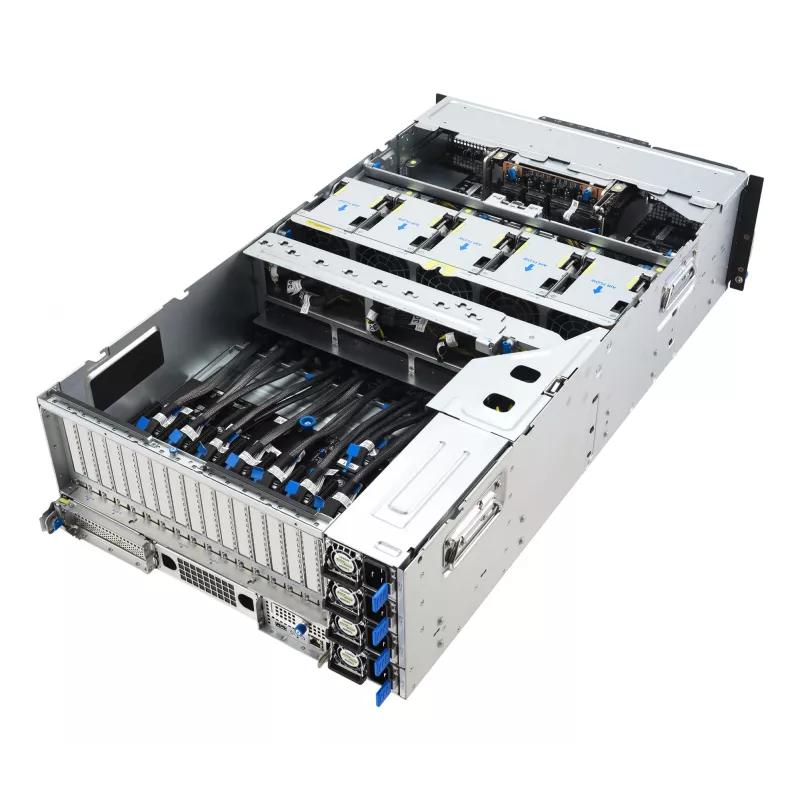 Rack serveris ASUS ESC8000A-E13 (4U) Sudraba krāsā — LGA 6096, AMD EPYC, DDR5, līdz 3 TB, 24 DIMM, 2× CPU, 3200 W barošanas bloks