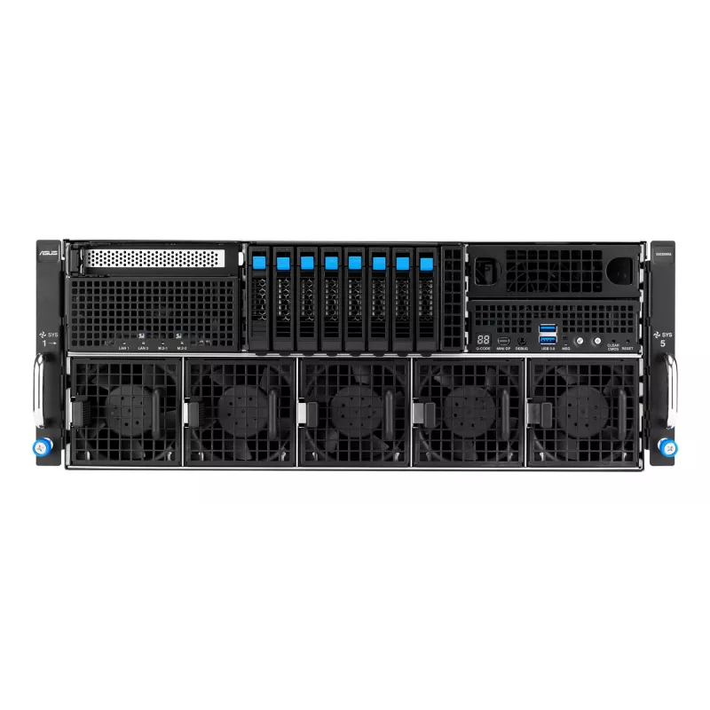 Rack serveris ASUS ESC8000A-E13 (4U) Sudraba krāsā — LGA 6096, AMD EPYC, DDR5, līdz 3 TB, 24 DIMM, 2× CPU, 3200 W barošanas bloks