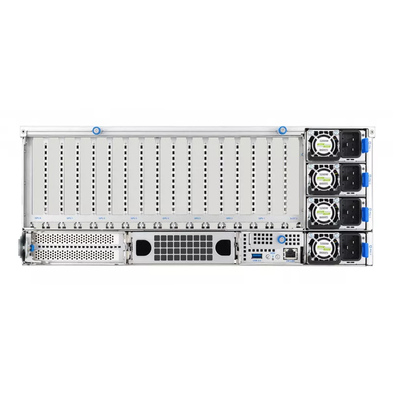 Rack serveris ASUS ESC8000A-E13 (4U) Sudraba krāsā — LGA 6096, AMD EPYC, DDR5, līdz 3 TB, 24 DIMM, 2× CPU, 3200 W barošanas bloks
