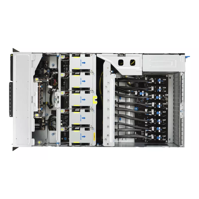 Rack serveris ASUS ESC8000A-E13 (4U) Sudraba krāsā — LGA 6096, AMD EPYC, DDR5, līdz 3 TB, 24 DIMM, 2× CPU, 3200 W barošanas bloks