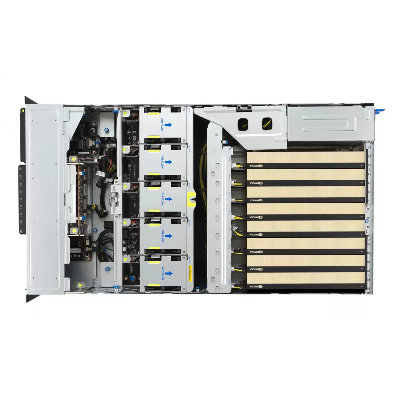 Rack serveris ASUS ESC8000A-E13 (4U) Sudraba krāsā — LGA 6096, AMD EPYC, DDR5, līdz 3 TB, 24 DIMM, 2× CPU, 3200 W barošanas bloks