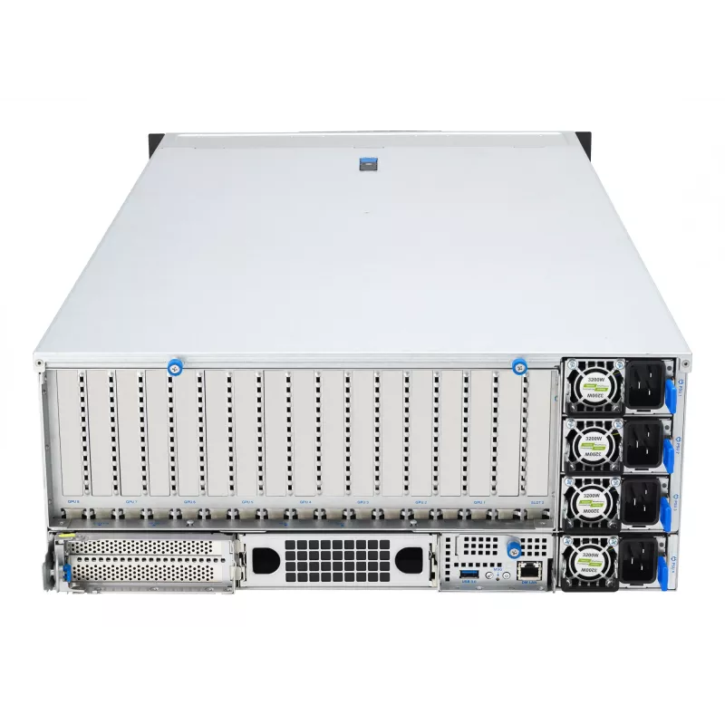Rack serveris ASUS ESC8000A-E13 (4U) Sudraba krāsā — LGA 6096, AMD EPYC, DDR5, līdz 3 TB, 24 DIMM, 2× CPU, 3200 W barošanas bloks