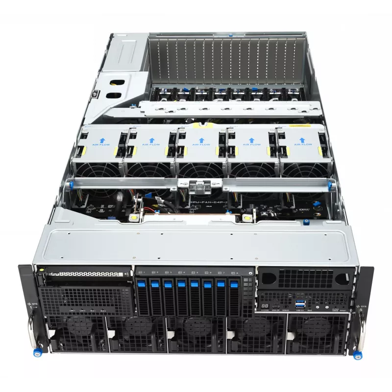 Rack serveris ASUS ESC8000A-E13 (4U) Sudraba krāsā — LGA 6096, AMD EPYC, DDR5, līdz 3 TB, 24 DIMM, 2× CPU, 3200 W barošanas bloks