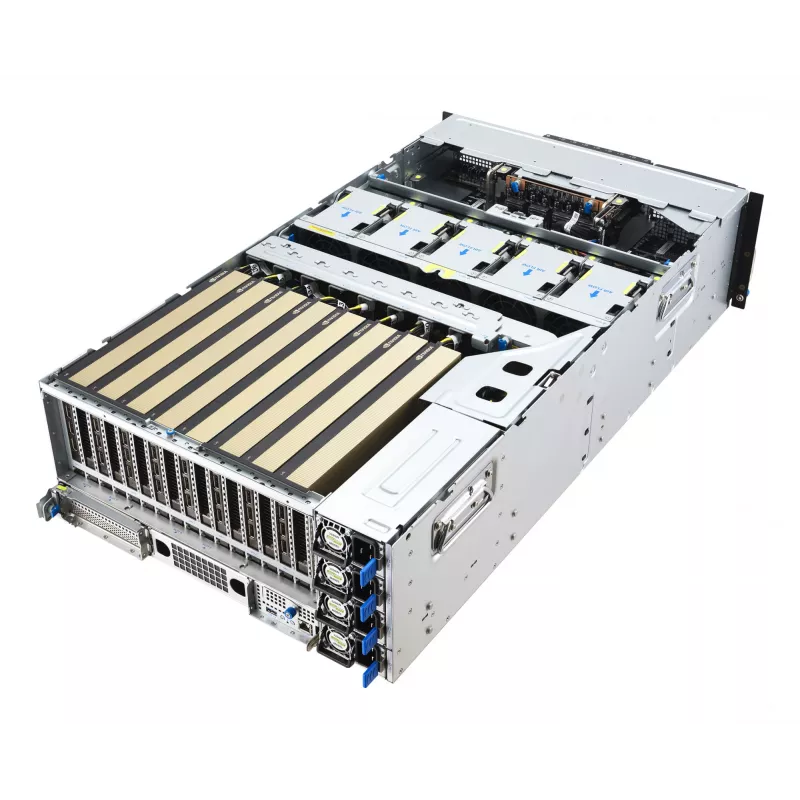 Rack serveris ASUS ESC8000A-E13 (4U) Sudraba krāsā — LGA 6096, AMD EPYC, DDR5, līdz 3 TB, 24 DIMM, 2× CPU, 3200 W barošanas bloks
